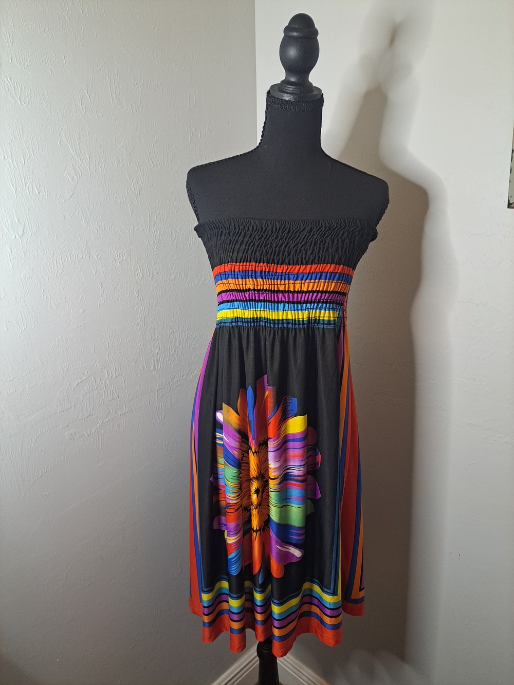 Just Love Black Strapless Dress with Multicolor Floral & Stripe Accents